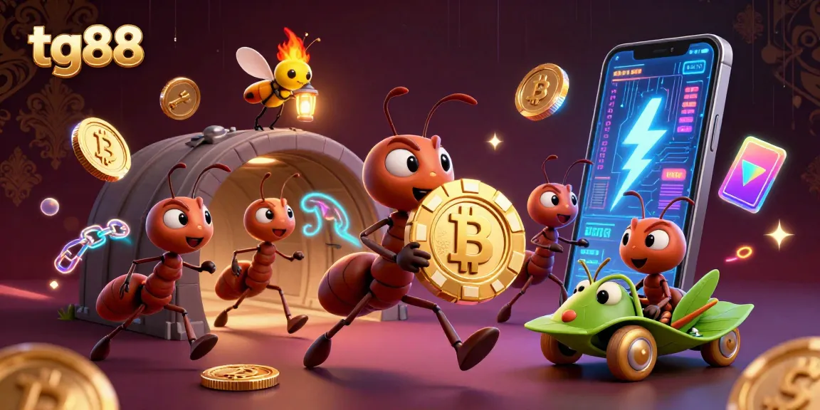 Engage with tg88 casino adventures featuring animated ants, poker chips, and vibrant crypto elements.