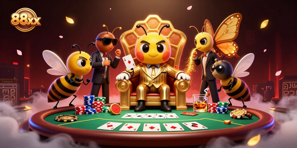 Betting at 88xx casino with a vibrant scene showcasing a bumblebee mob boss and poker game.
