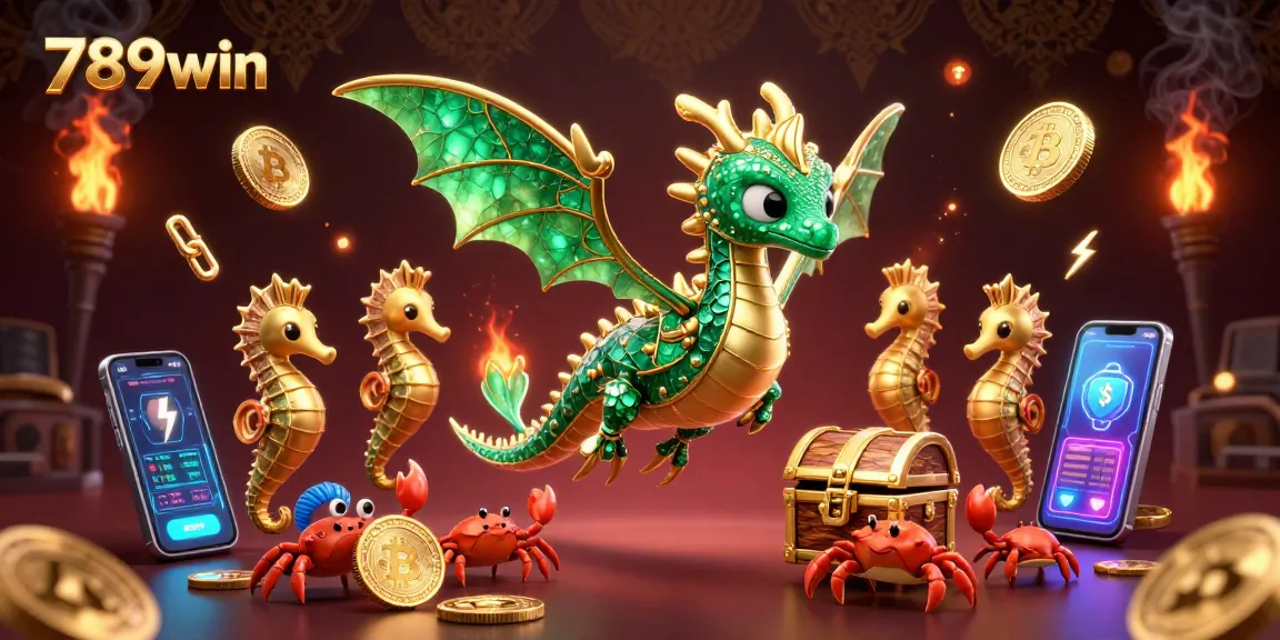 Engage in thrilling gameplay at 789win with a vibrant 3D illustration showcasing dragon guardians, crypto coins, and treasure.