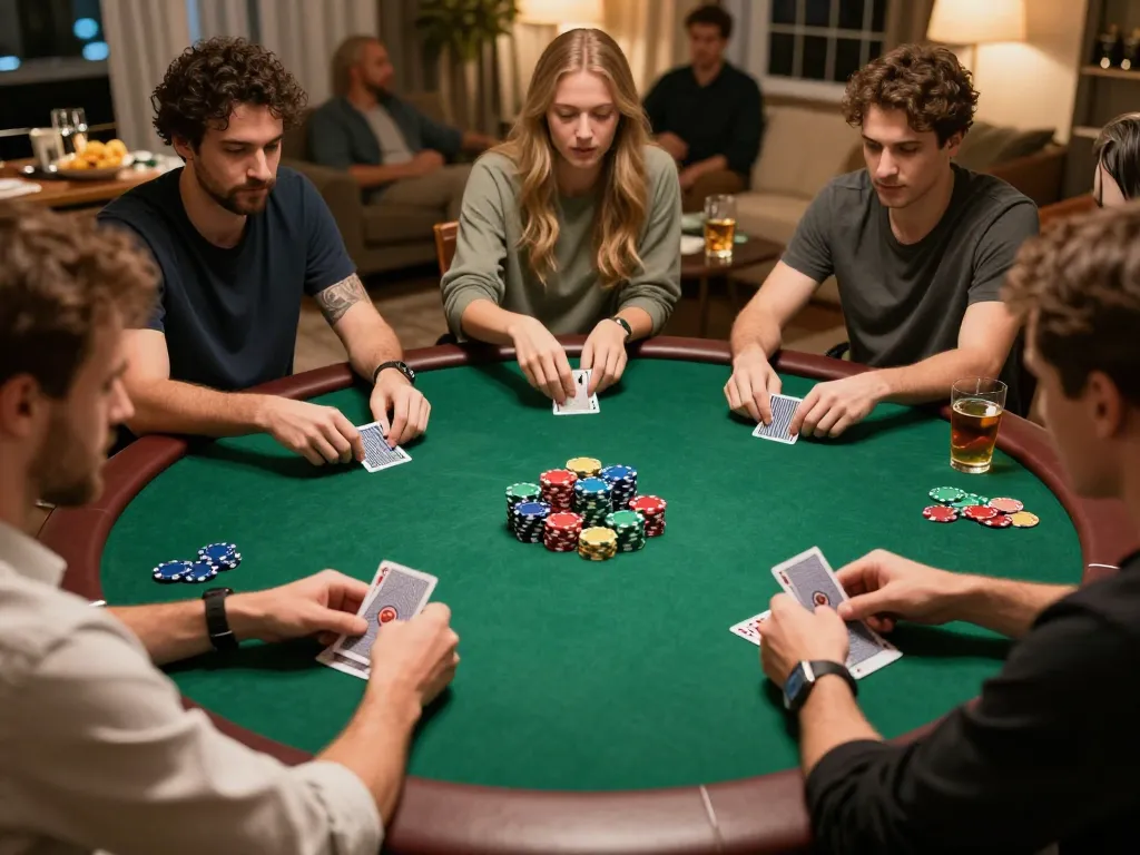 Players enjoy a strategic poker game at home, highlighting f8bet's community spirit and engaging gameplay.