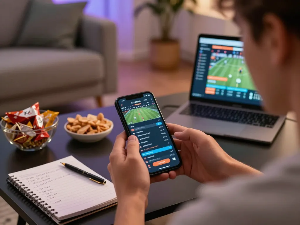 Betting on LV88 using mobile app while tracking strategies in a cozy living room setting