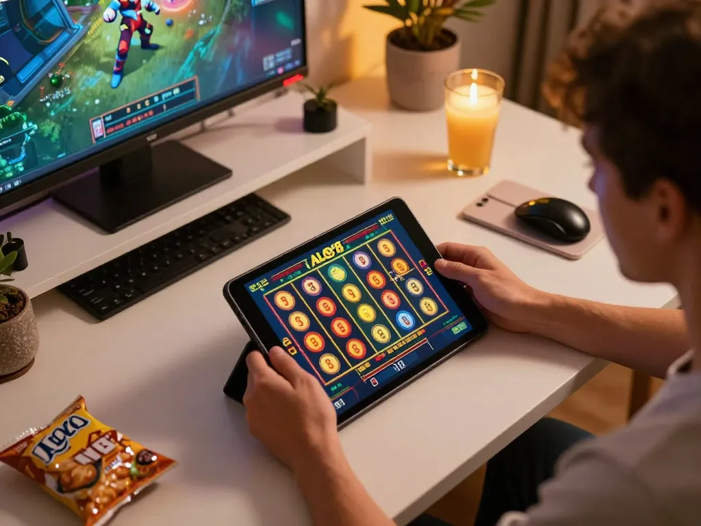 Player enjoying ALO8 slot game on tablet with engaging visuals and tracking strategies in a cozy gaming setup.