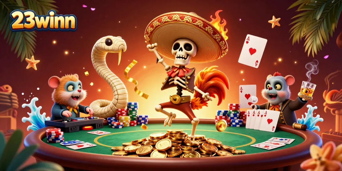 Experience the excitement of 23winn with a colorful casino scene featuring animated characters and poker elements.