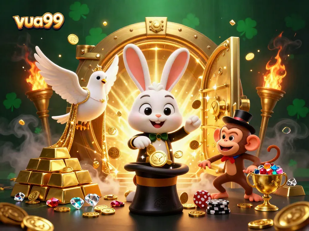 Experience the magic of vua99 with a whimsical 3D scene featuring a rabbit magician, dove assistant, and monkey pickpocket.