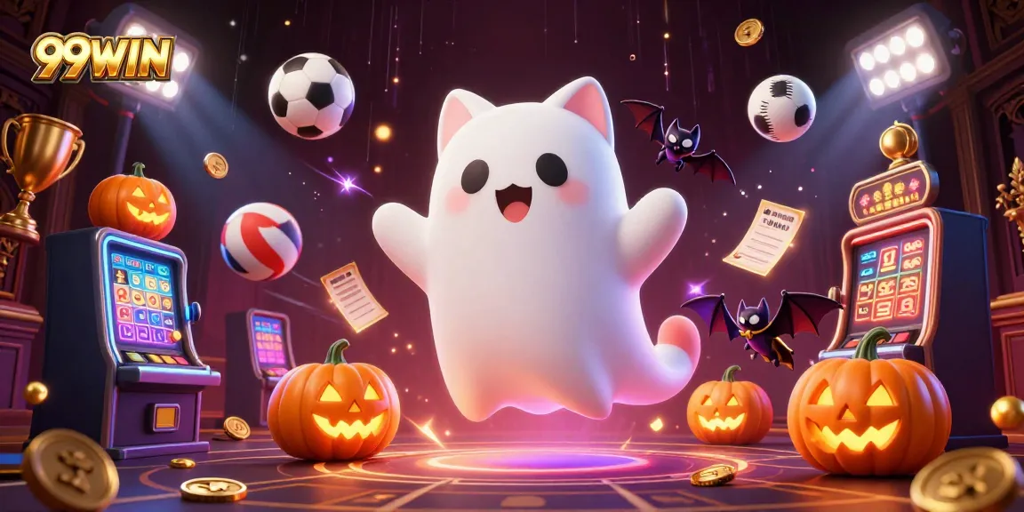 Get in the winning spirit with 99WIN's ghost cat and vampire bat in a vibrant casino scene.