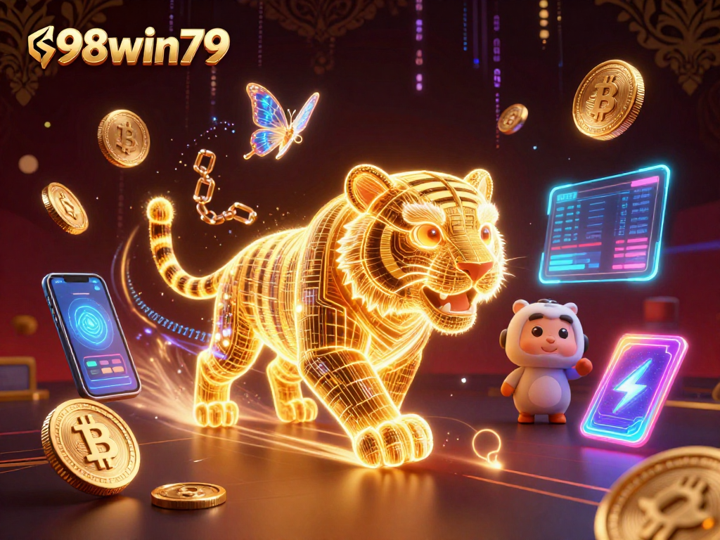 Engage with 98win79's vibrant digital casino environment featuring a luminous tiger and cryptocurrency coins.