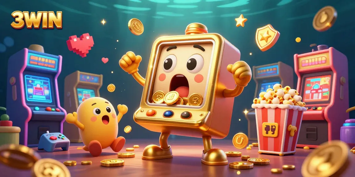 3WIN slot machine hits jackpot and celebrates with baby machines, surrounded by colorful arcade elements.