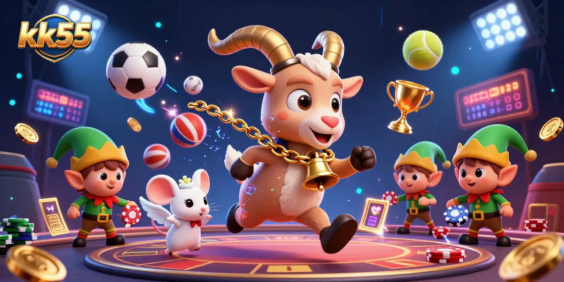 kk55 offers an entertaining casino experience with a festive Krampus goat, lively characters, and dynamic sports action.