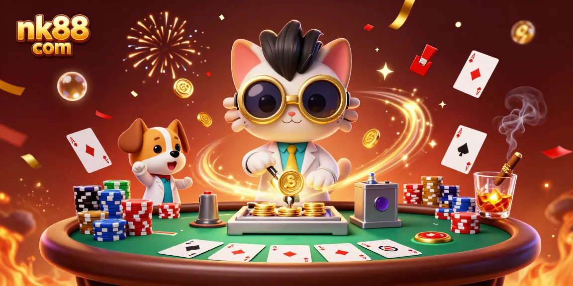 Win big at nk88 com with playful characters in a vibrant casino scene.