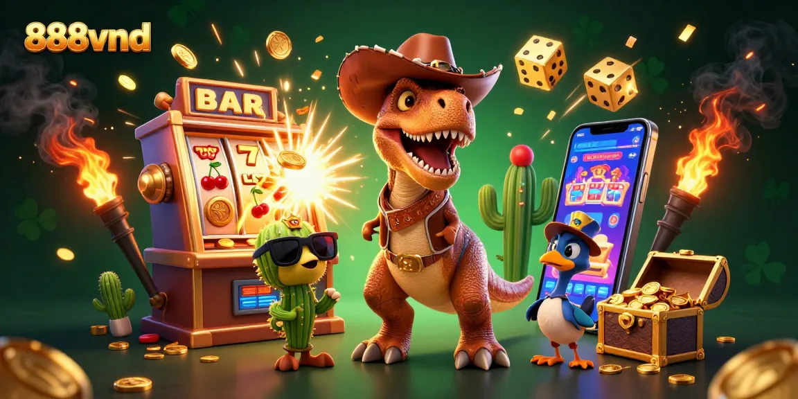 Win big with 888vnd in a vibrant, dynamic casino scene featuring fun characters and exciting game elements.