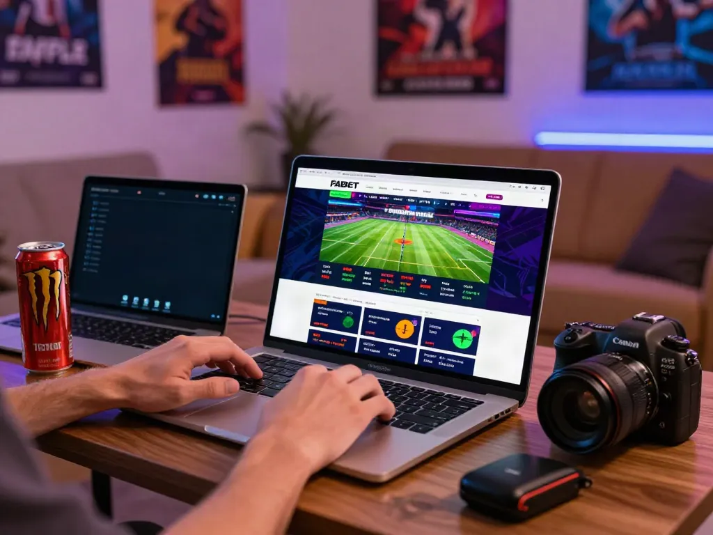 Engaging with https://fabet.com.mx/ on a laptop amidst gaming accessories in a cozy setting.
