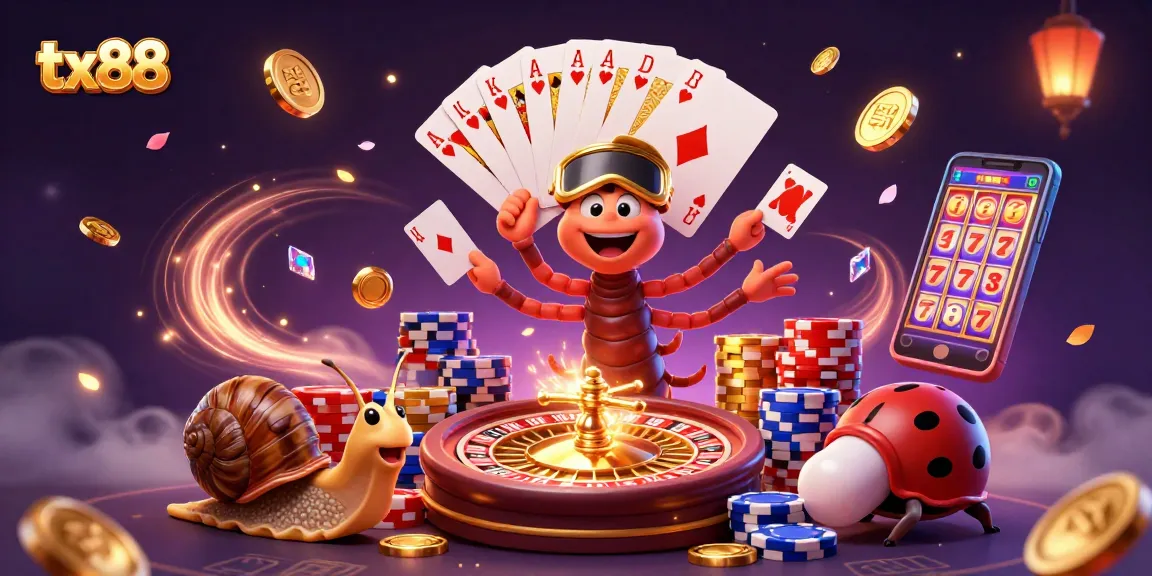 tx88 showcases a vibrant 3D casino scene with a millipede dealer and a snail high-roller.