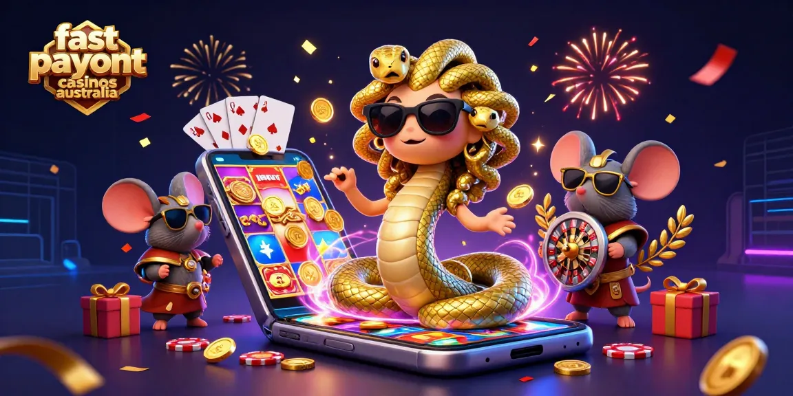 Spin at fast payout casinos Australia featuring a friendly Medusa and a warrior mouse in a vibrant scene.