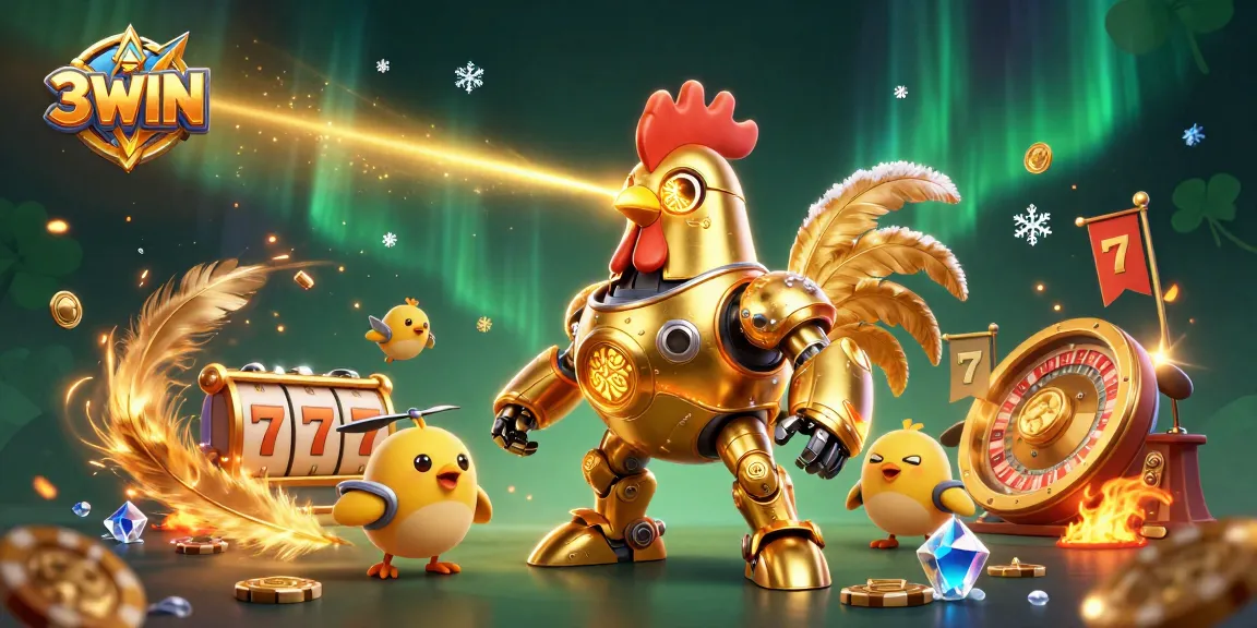 Experience thrilling moments at 3WIN with a vibrant casino scene featuring the golden rooster robot.
