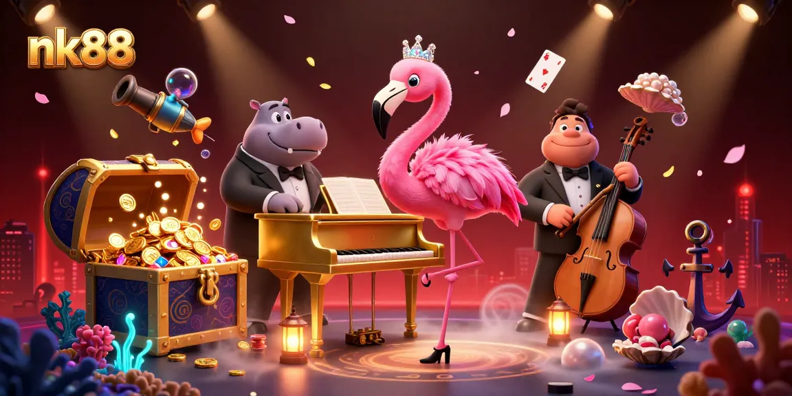 Engaging nk88 illustration featuring a flamingo singer and hippo bassist in a vibrant casino setting.
