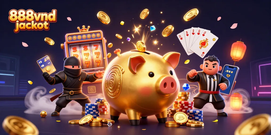 Experience the thrill of the 888vnd jackpot as a golden piggy bank sumo wrestler unleashes coins in a vibrant casino scene.