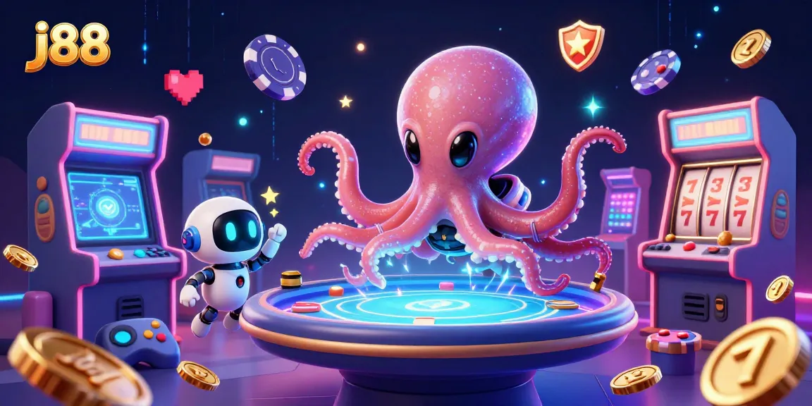 Join the dynamic j88 scene where an alien octopus plays poker with robot companions, showcasing vibrant gaming elements.