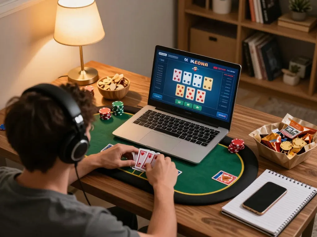Experience poker gameplay at CM88 with a user engaged in strategic betting at home.