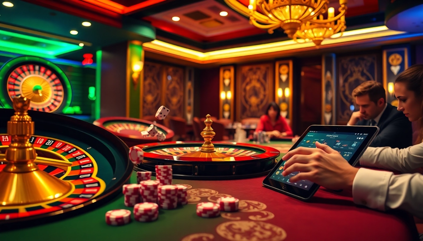 Engage in thrilling casino action at Thabet with vibrant roulette wheels, poker chips, and excited players.