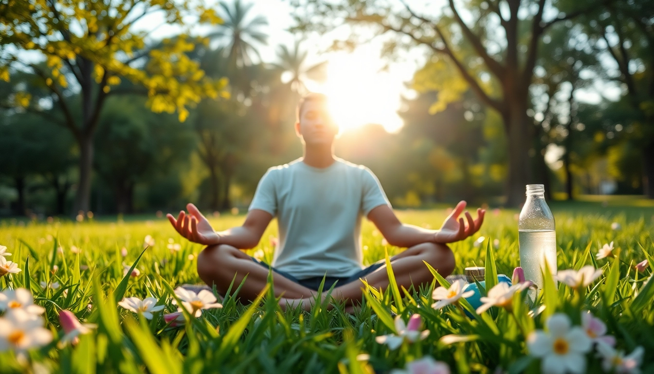 A person meditating in nature, embodying stress and anxiety relief through calmness and tranquility.
