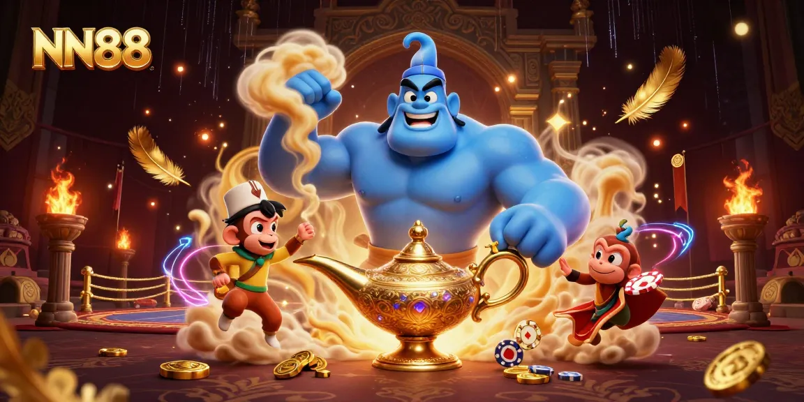 Experience thrilling casino adventures with NN88's vibrant 3D genie and poker chips.