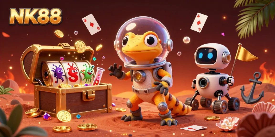Experience the excitement at NK88, featuring vibrant 3D casino action with cheerful characters and dazzling gold.