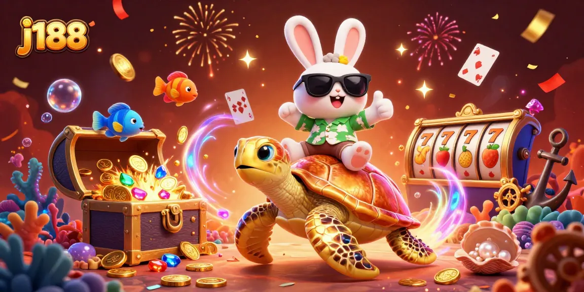 Experience the thrill of j188 with a vibrant 3D illustration of a lucky rabbit and golden turtle in a casino scene.