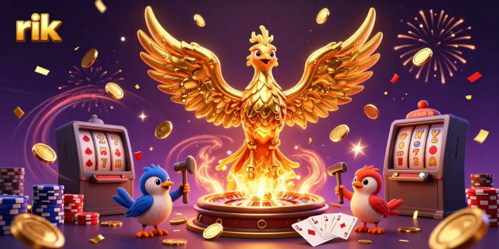 Spin the slots at Rik with a rich 3D illustration of a golden phoenix and dynamic casino elements.