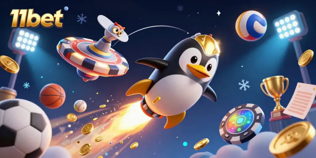 Experience thrilling action with the 11bet penguin rocket blasting off towards a cosmic casino adventure.