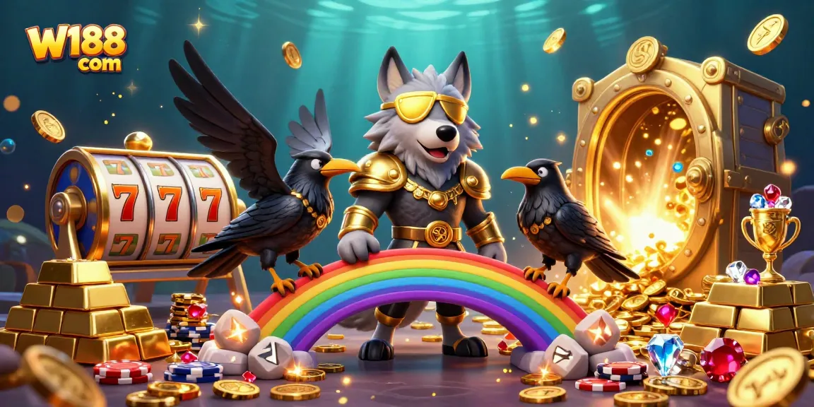 Experience W188 com's vibrant gaming scene with a Norse wolf and ravens amidst casino elements.