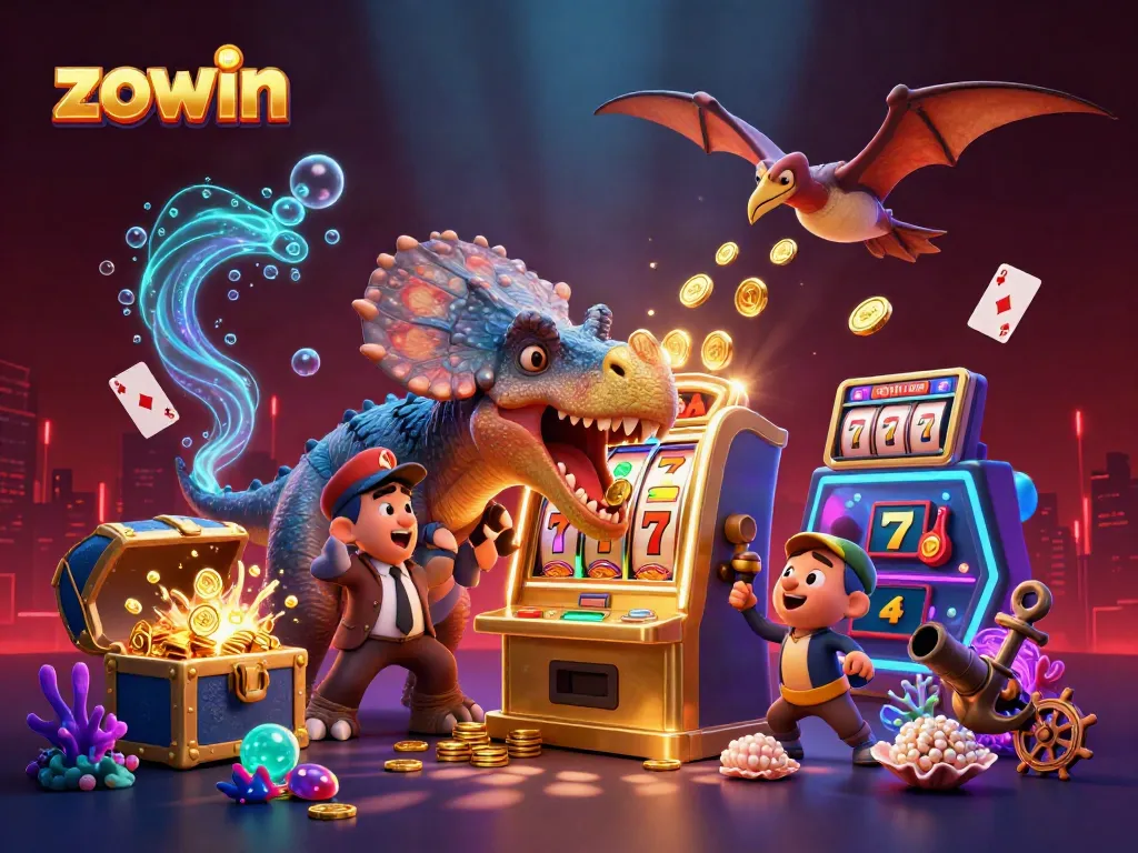 Zowin slots explosion illustrated with cartoon dinosaurs and golden coins raining down in a dynamic casino scene.