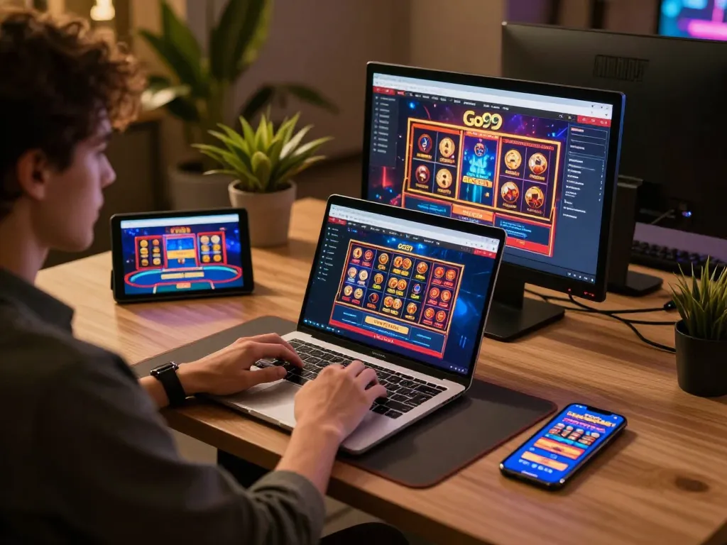 Engaging player enjoying Go99 online casino on laptop, showcasing vibrant gaming interface