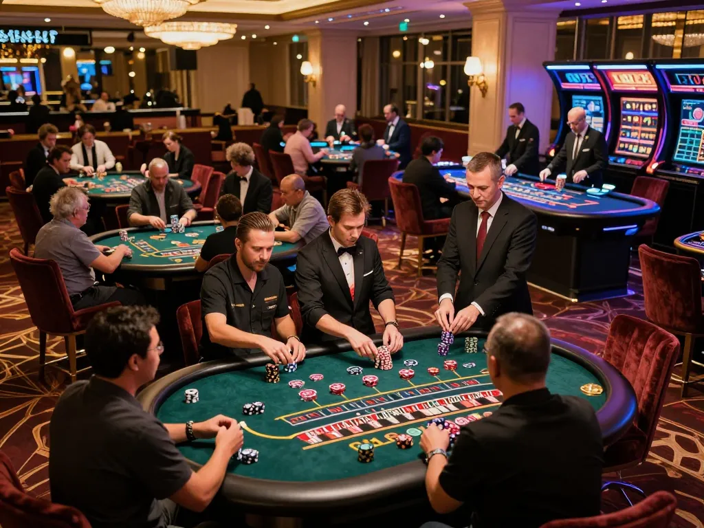 Players enjoying thrilling games at MM88BR casino, featuring dynamic roulette and blackjack tables in a vibrant atmosphere