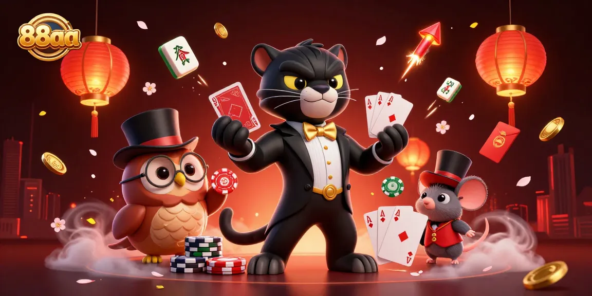 Engage in the excitement of 88aa with a stylish black panther, owl, and mouse in a thrilling casino scene.
