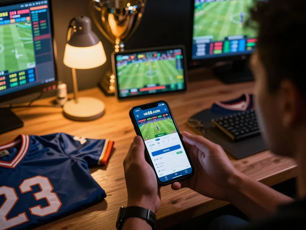 Engaging in live sports betting on nk88.com app, smartphone in hand with dynamic game visuals, capturing exciting gambling moments.