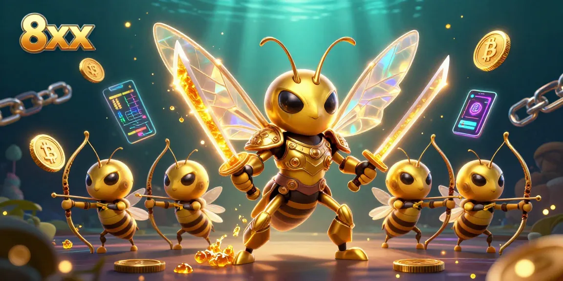 Engage in 8xx gaming with a vibrant scene featuring samurai hornets and crypto elements.