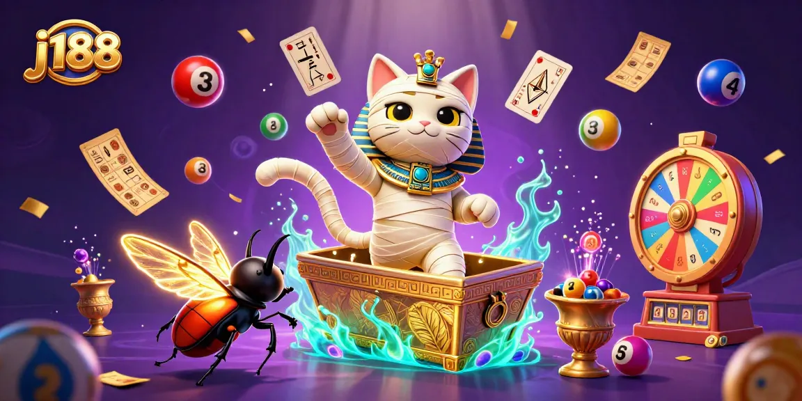 Play the j188 games with vibrant Egyptian-themed casino imagery and dynamic lottery elements.