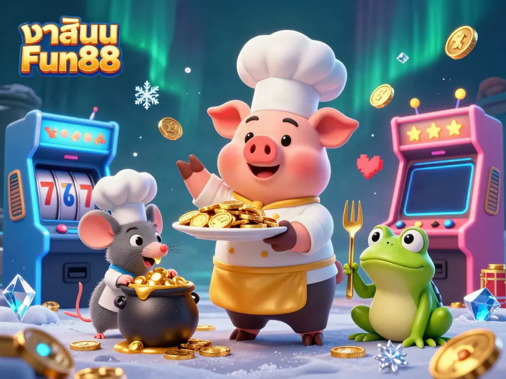 Engage with คาสิโน Fun88's vibrant casino scene showcasing a gourmet chef pig serving gold coins, enriched with gaming elements.