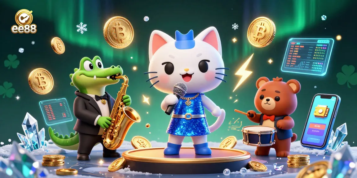 Engage with the vibrant ee88 casino scene featuring a jazzy cat, crocodile, and bear in a fun digital display.