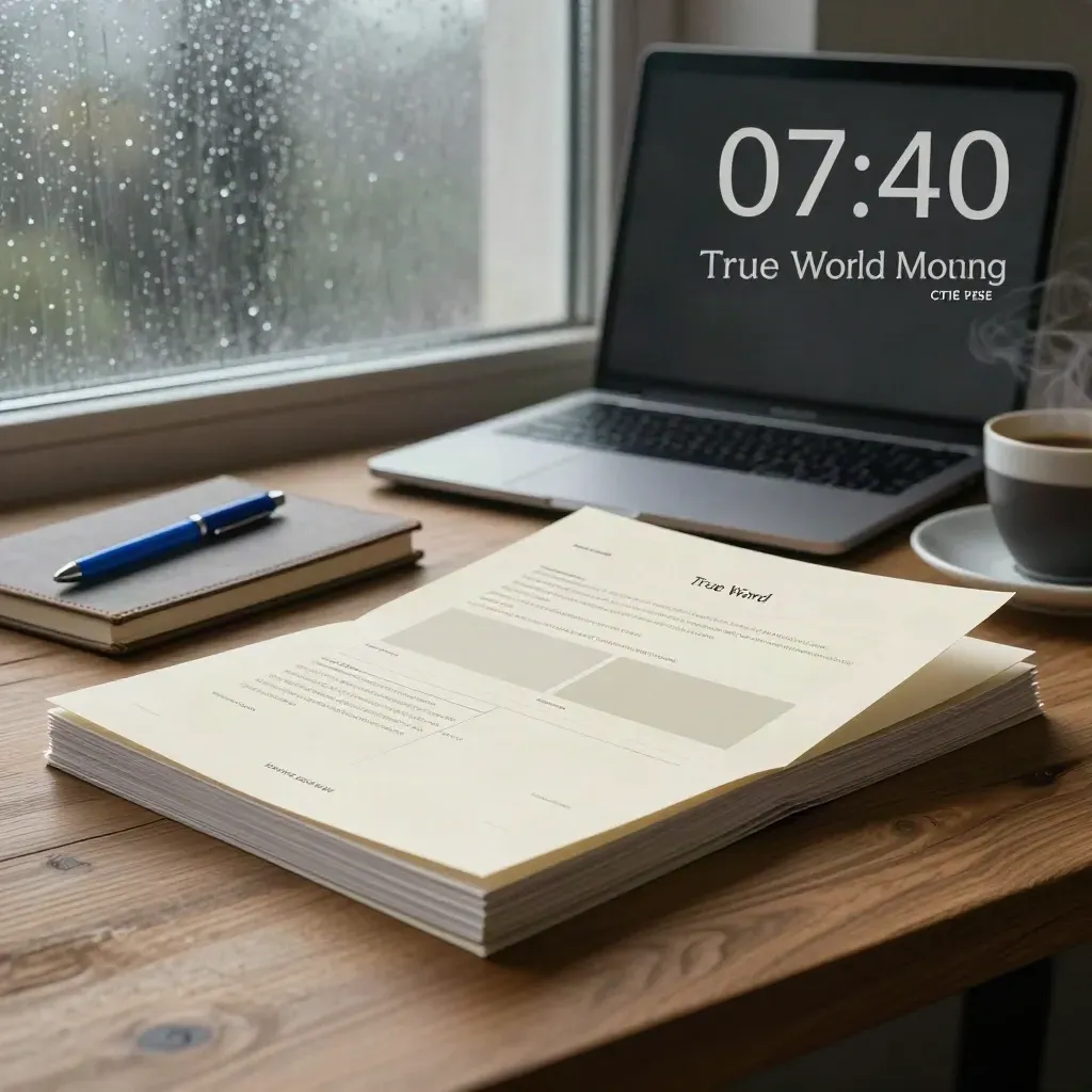 Předúsvitová kancelář s výtisky webu, notebookem, modrým perem a espressem u mlžného okna.