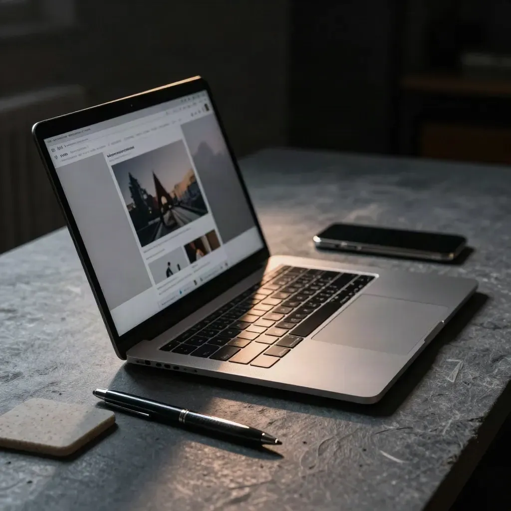 Notebookový laptop na nočním stole se rozsvěcí při obnově landing page.