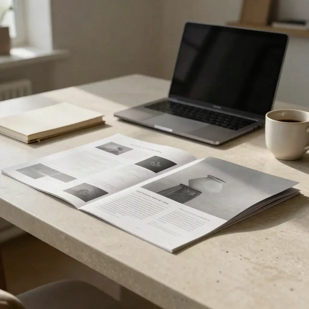 Kamenitý stůl s návrhy homepage, zavřený notebook a káva v ranním světle.
