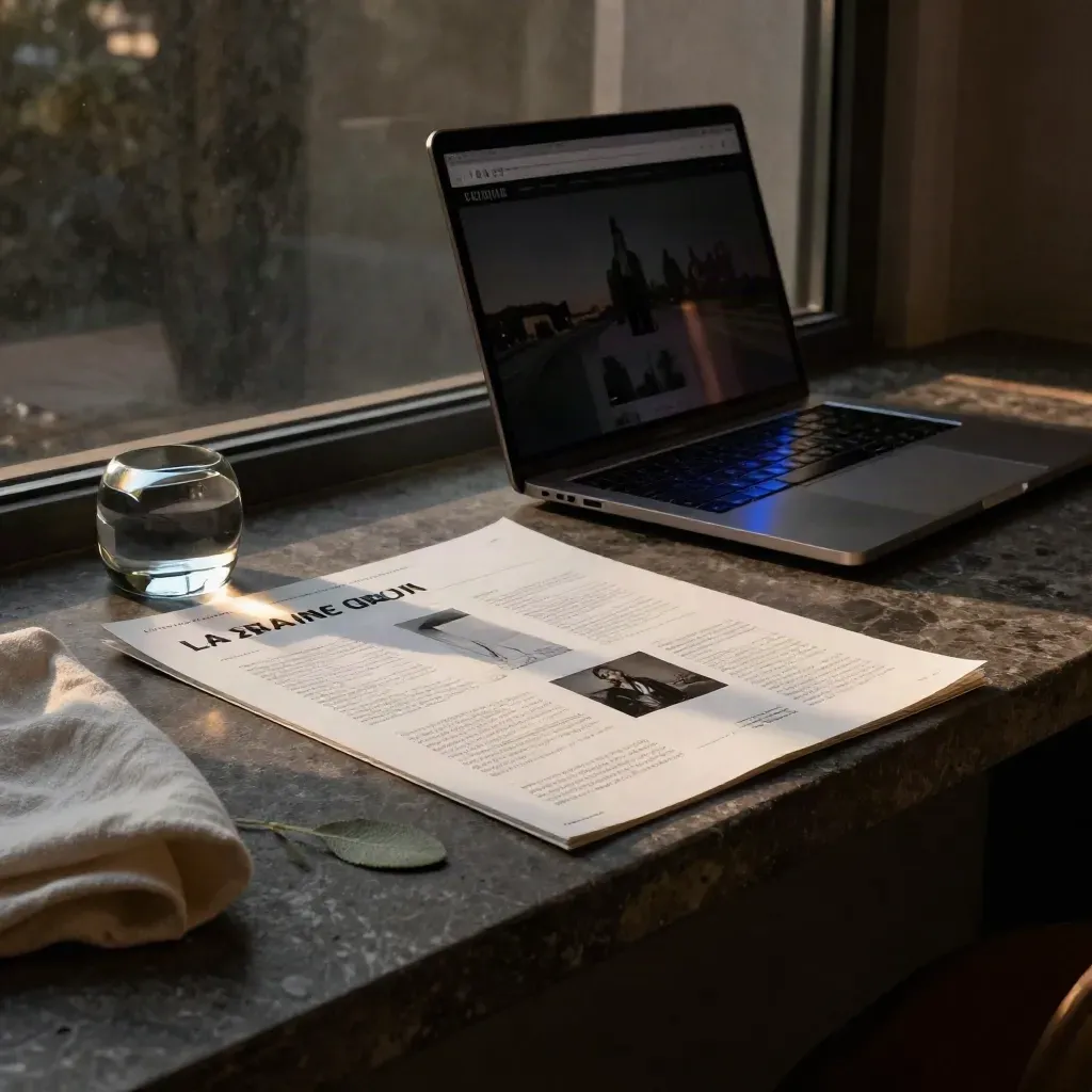 Laptop a korektury landing page na kamenném parapetu, večerní světlo a modrý odlesk.