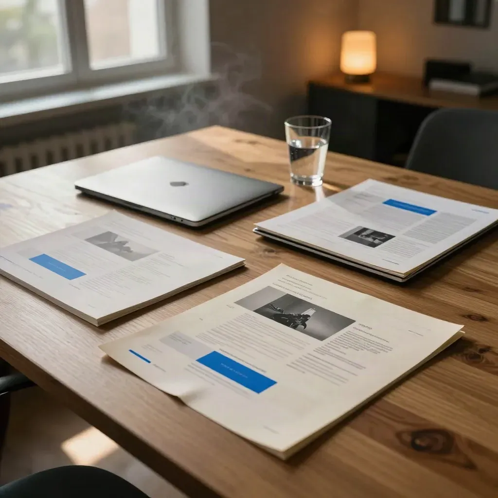 Otevřené notebooky, korektury webu a sklenice vody na stole v útulné kanceláři.