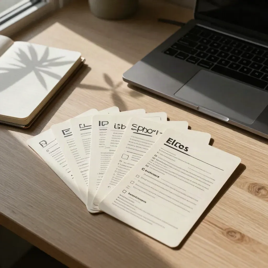 Pohled shora na plánovací kartičky SEO blogu vedle notebooku a stínu rostliny.