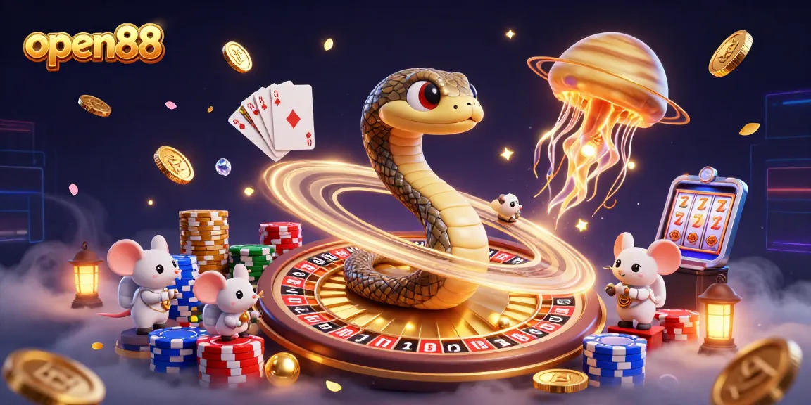 Engage with open88's vibrant cosmic casino scene featuring a Saturn ring snake and entertaining astronaut mice.
