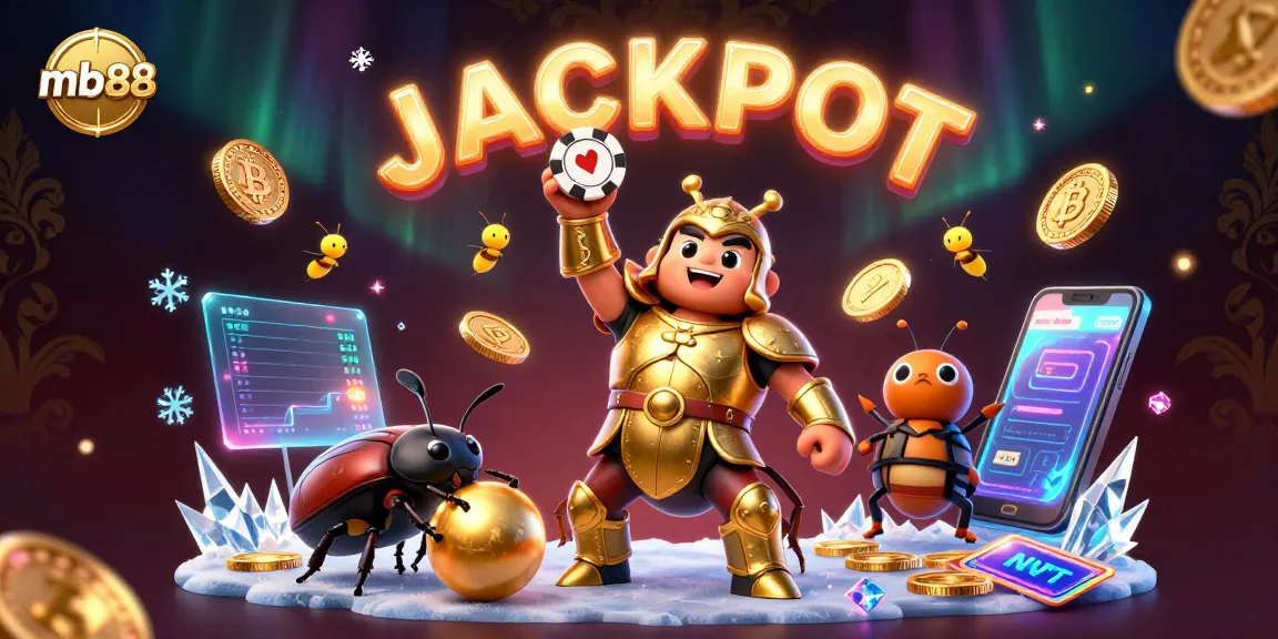 Join the excitement with mb88 as a victorious beetle celebrates a poker win amid glowing crypto elements.
