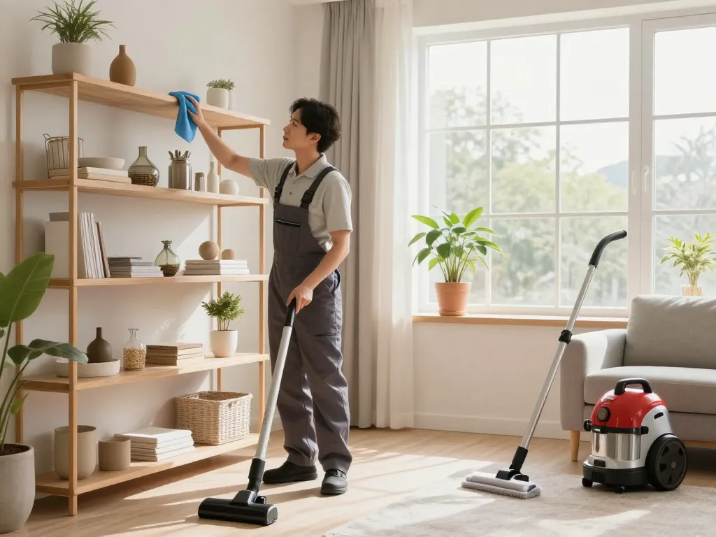 Home cleaning service from https://www.pretty-uklid.cz in a bright living room with a professional cleaner dusting shelves.