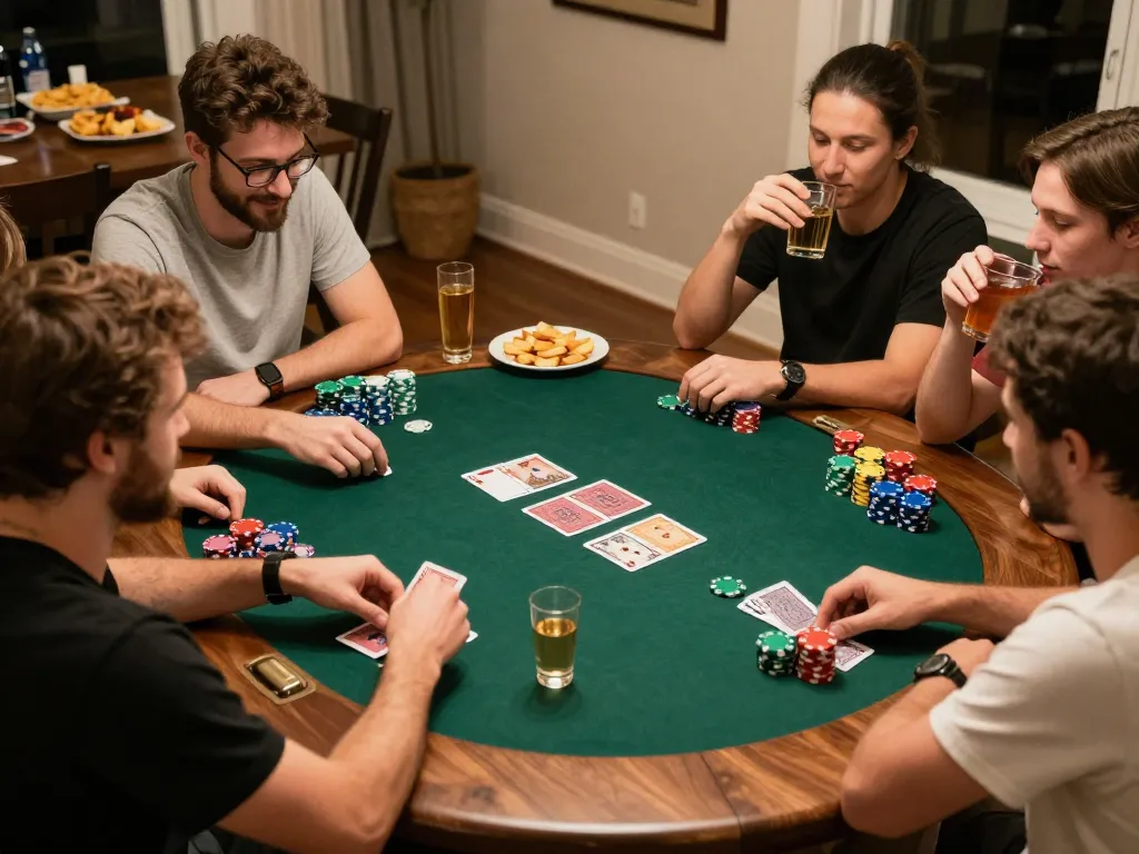 Friends enjoying a home poker night, engaged in QQ 88 strategy with vibrant chips and community cards present