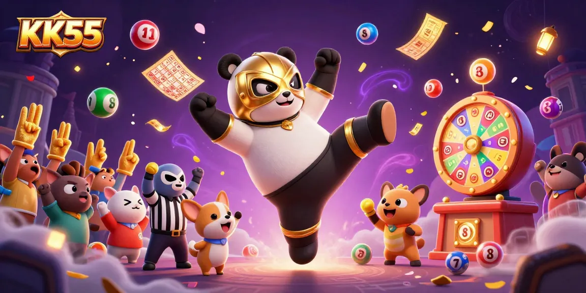 Feel the excitement at KK55 as a panda wrestler delivers a flying kick amidst colorful lottery elements.